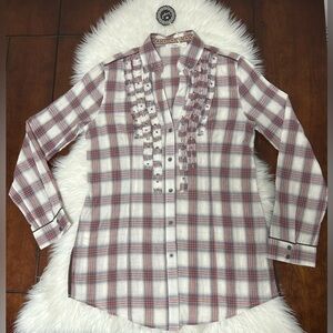 Hazel New Size L Plaid Shirt Ruffles Button Long Sleeve Cotton White Red Black